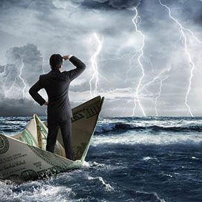 businessman on dollar boat with storm and lightning